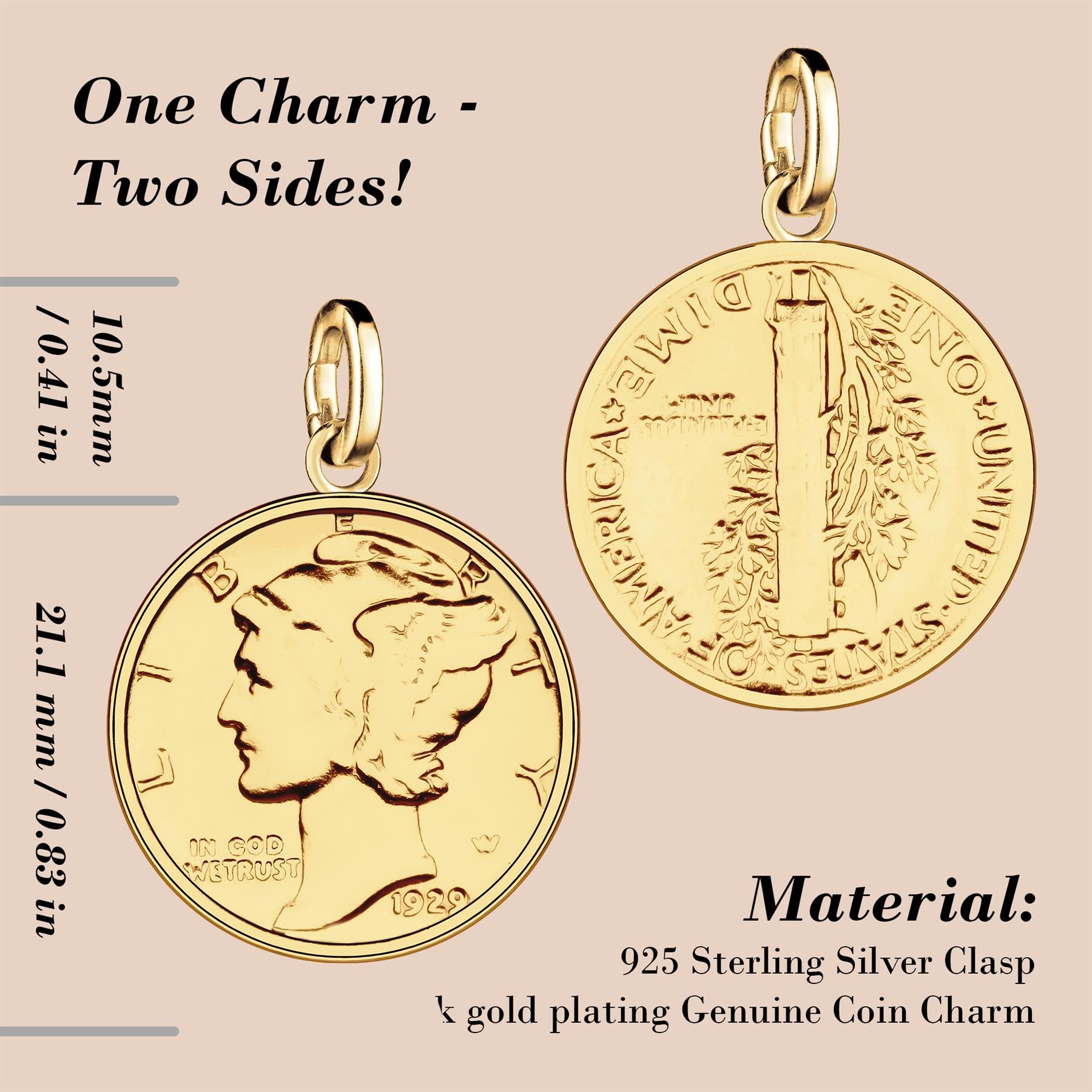 American 1 Mercury Dime Coin Charm | 925 Sterling Silver 18K Gold Plated | 1916 - 1945