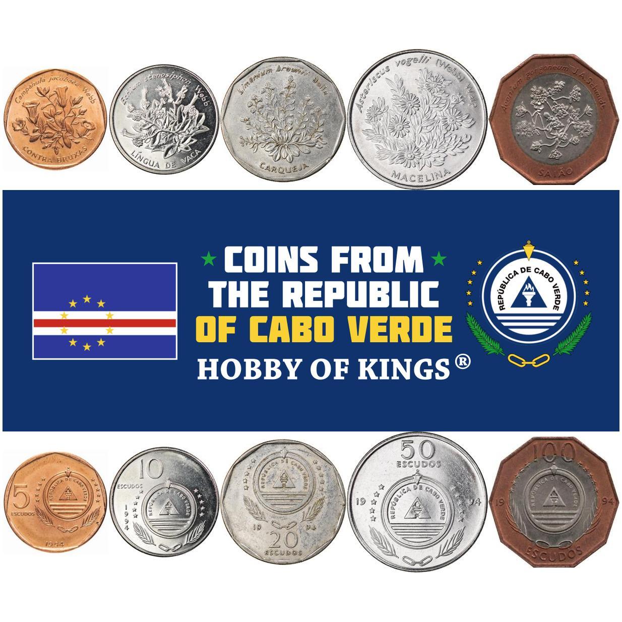 Cape Verde | 5 Coin Set | 5 10 20 50 100 Escudos | Plants | Flower | Contra Bruxas | Lingua De Vaca | Flowers | Carqueja | Macela | Saiao | 1994