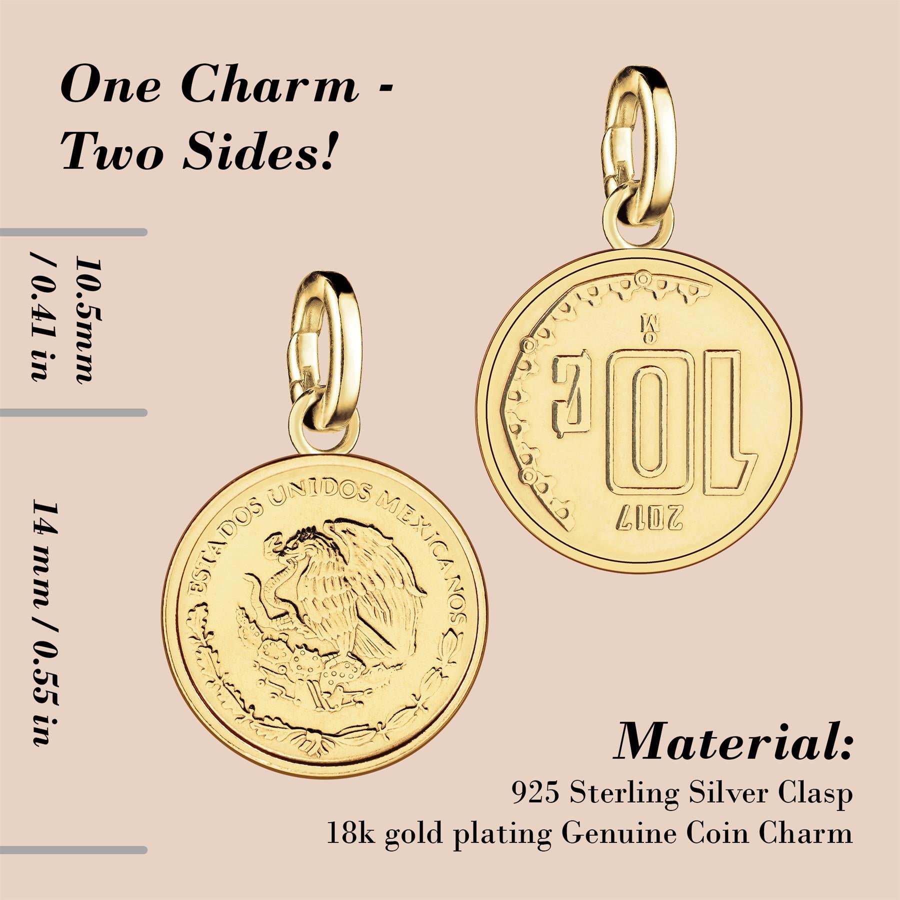 Mexican 10 Centavos Coin Charm | 925 Sterling Silver 18K Gold Plated | 2009 - 2019