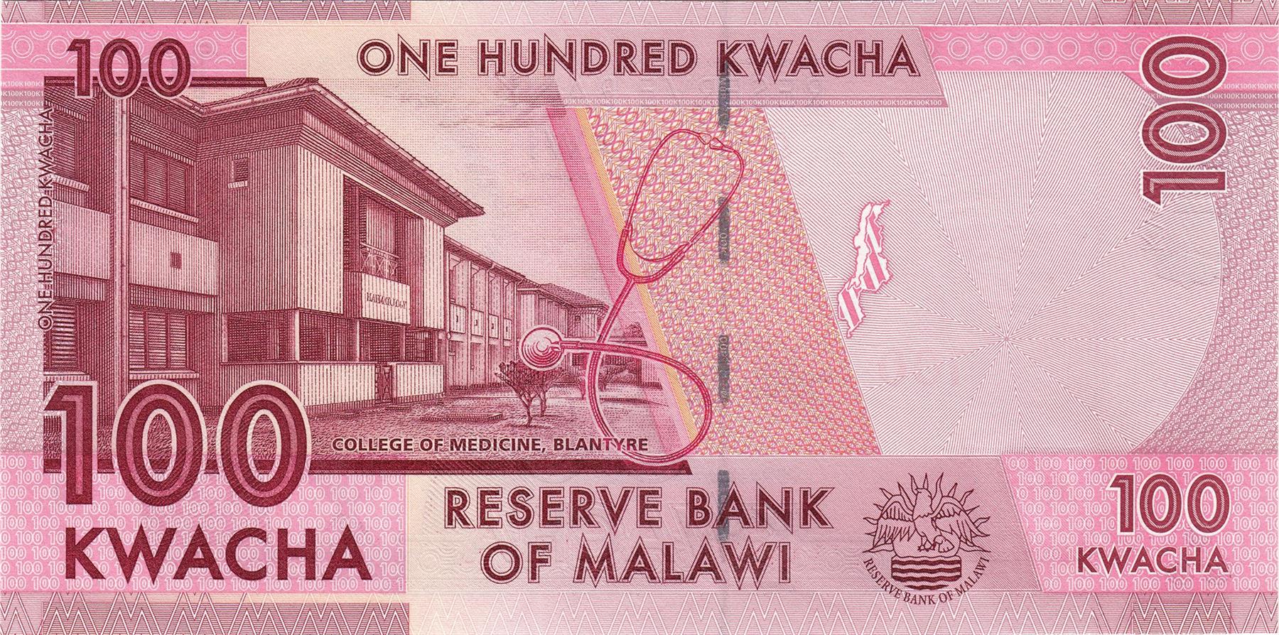 Malawi | 100 Kwacha Banknote | 2014 - 2024 | James Frederick Sangala | Reverse Bank of Malawi | Livingston's Cichlid | College of Medicine