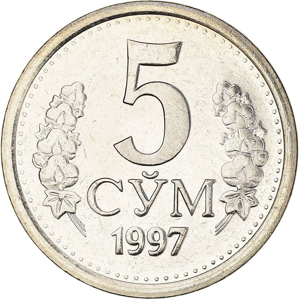Uzbekistan | 5 SoʻM Coin | Wreath | Cotton | Wheat | Sun | Huma Bird | KM:9 | 1997 - 1999