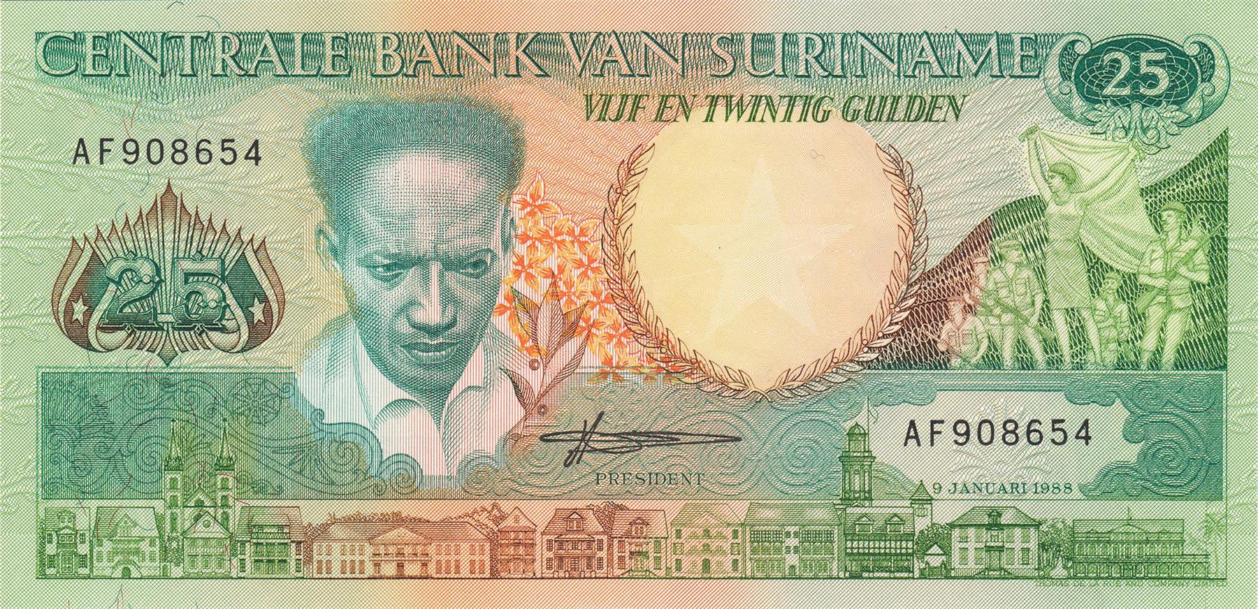 Suriname | 25 Gulden Banknote | 1986 - 1988 | Anton De Kom | Militia | Buildings | Toucan | Speaker with People
