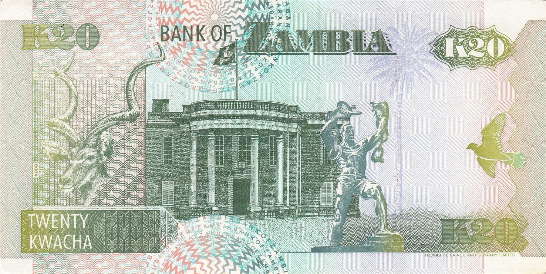 Zambia | 20 Kwacha Banknote | 1992 - 1995 | African Fish Eagle | Tree | Kudu | President's Palace | Freedom Statue