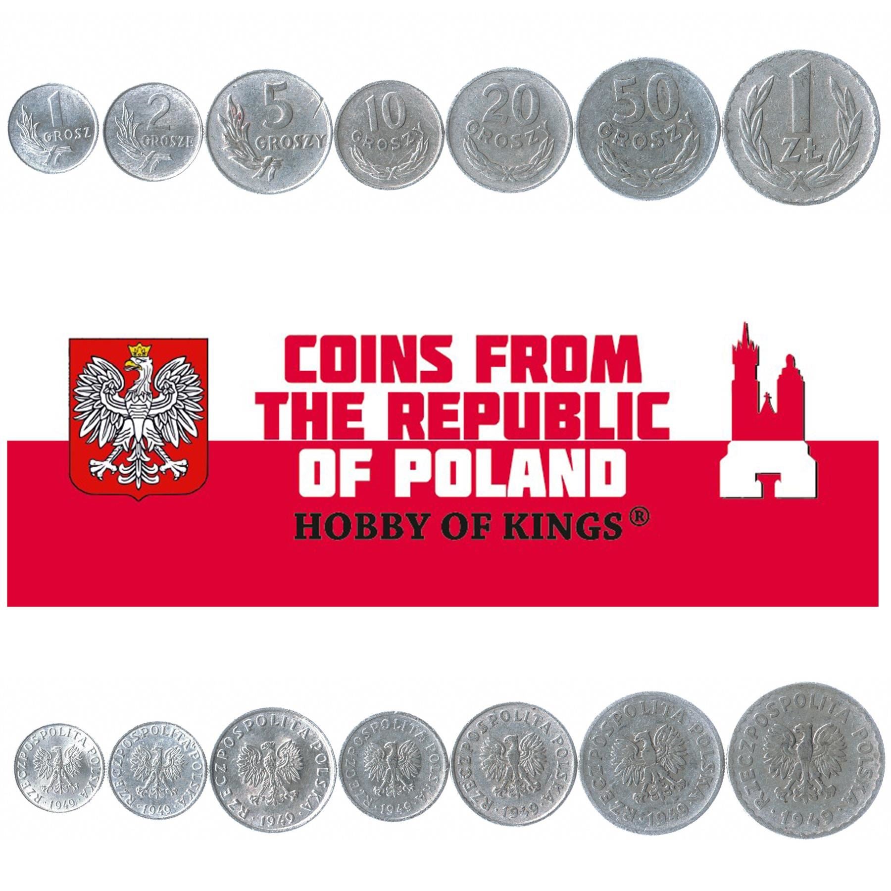 مجموعة عملات بولندية مكونة من 7 قطع 1 2 5 10 20 50 جروش 1 زلوتي | النسر الأبيض المتوج | بولندا | 1949