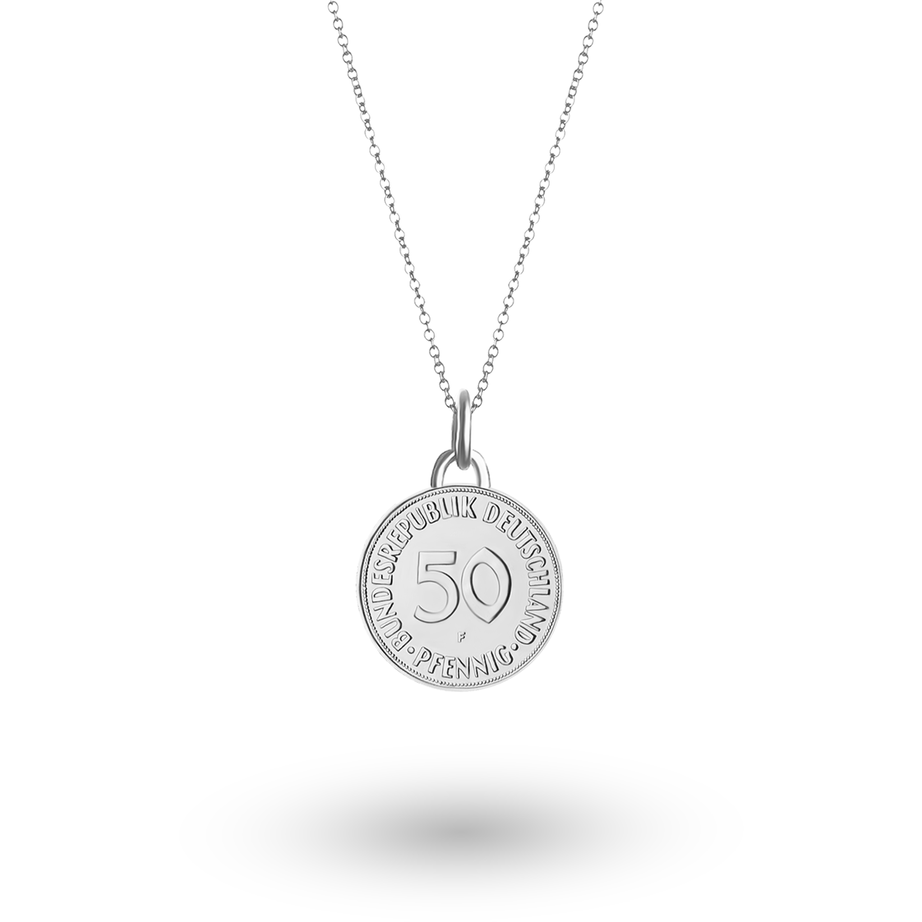German Coin Necklace | Medallion Pendant Jewelry | Rhodium Plated 50 Pfennigs | 1950 - 2001