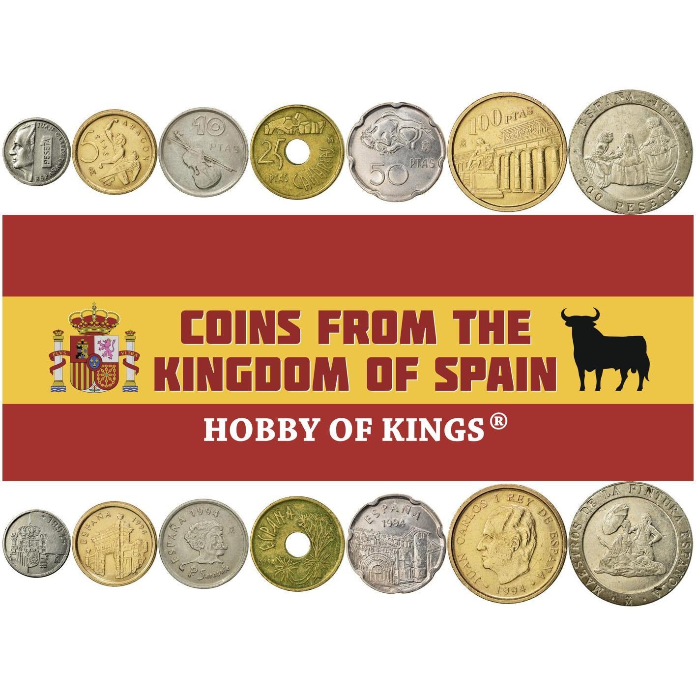 스페인 7개 동전 세트 1 5 10 25 100 100 200 페세타 | 후안 카를로스 1세 | 파블로 사라사테 | 산틸라나 대학 교회 | 프라도 국립 미술관 | 벨라스케스 기념비 | 용나무 | 바이올린 | 스페인 | 1994년