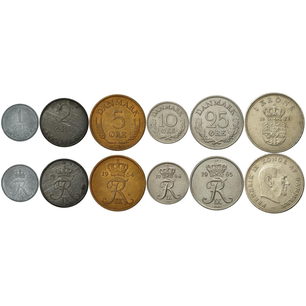 Denmark | 6 Coin Set | 1 2 5 10 25 Ore 1 Krone | 1960 - 1972