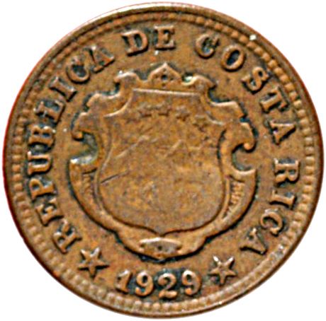 Costa Rica 5 Centimos Coin | Stars | Volcno | Ship | Sun | KM169 | 1929