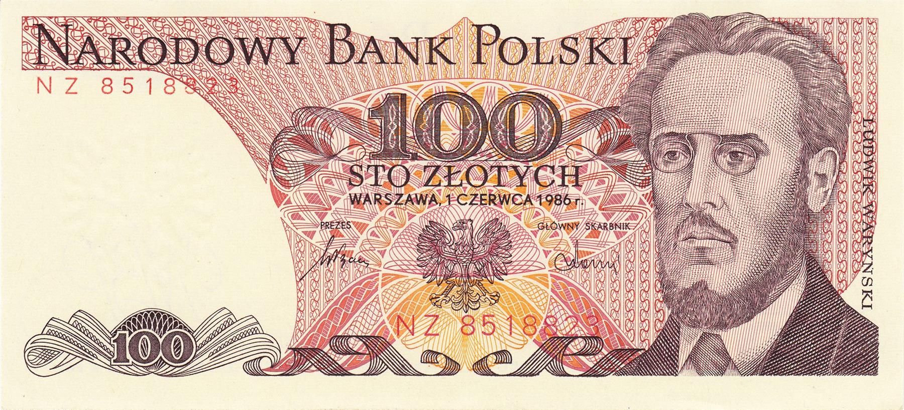 Poland | 100 Zlotys Banknote | 1975 - 1988 | Ludwik Waryński | White Eagle | Flying Banners | "Proletaryat" Magazine