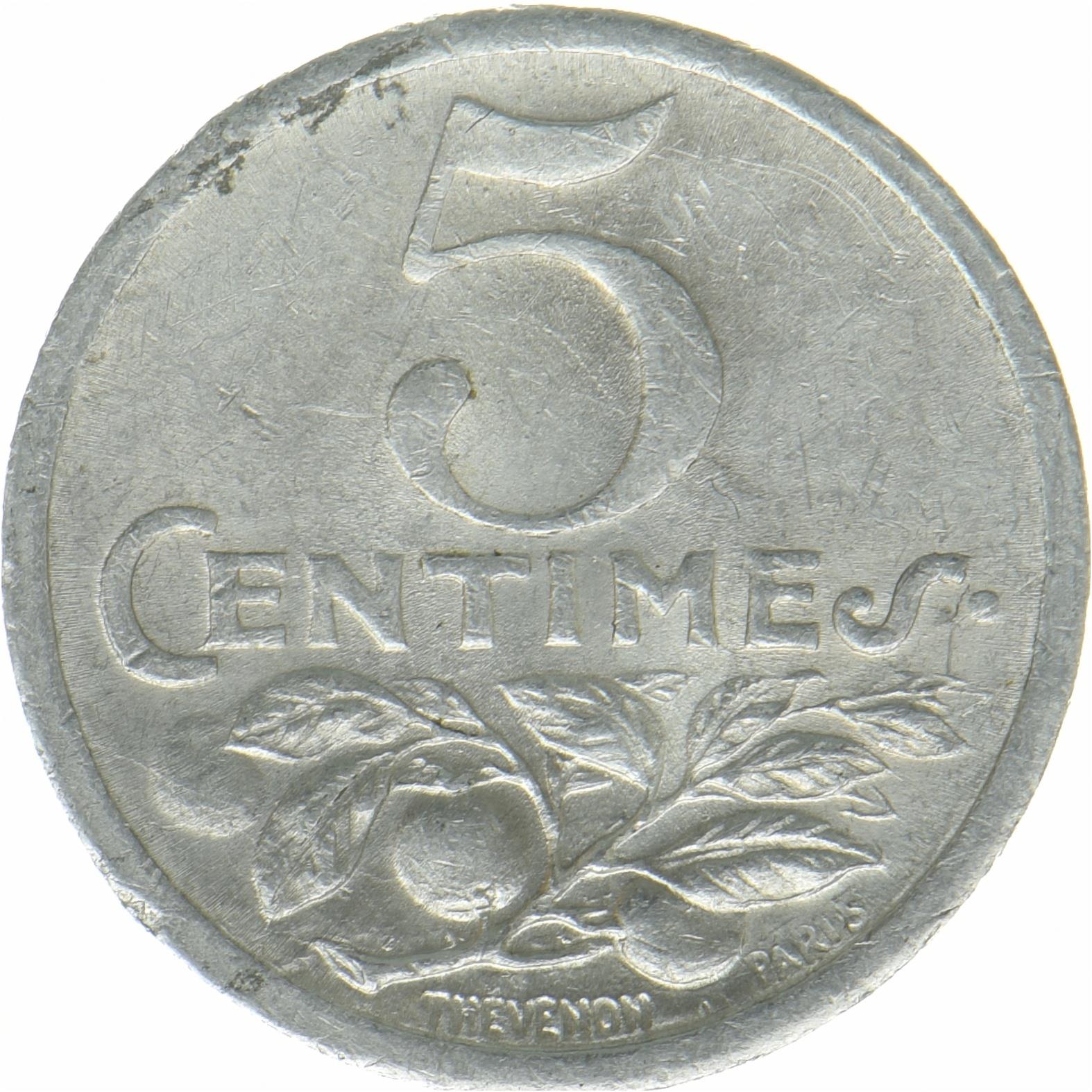 França Nice | Moeda de 5 Cêntimos | Alumínio | Fruta | Caduceu | Élie mon:10.1, 10.3 | 1920 - 1922
