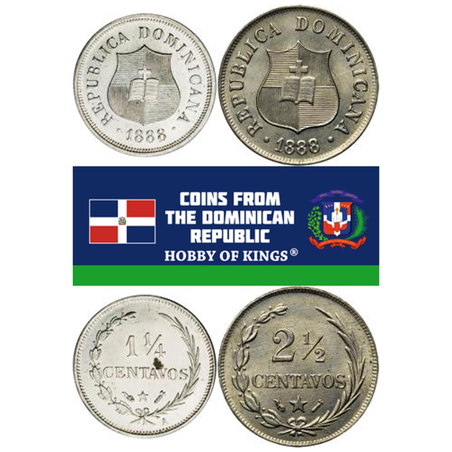 Dominican Republic | 2 Coin Set | 1 1/4 Centavo 2 1/2 Centavos | Shield | Wreath | Bible | Cross | 1882 - 1888