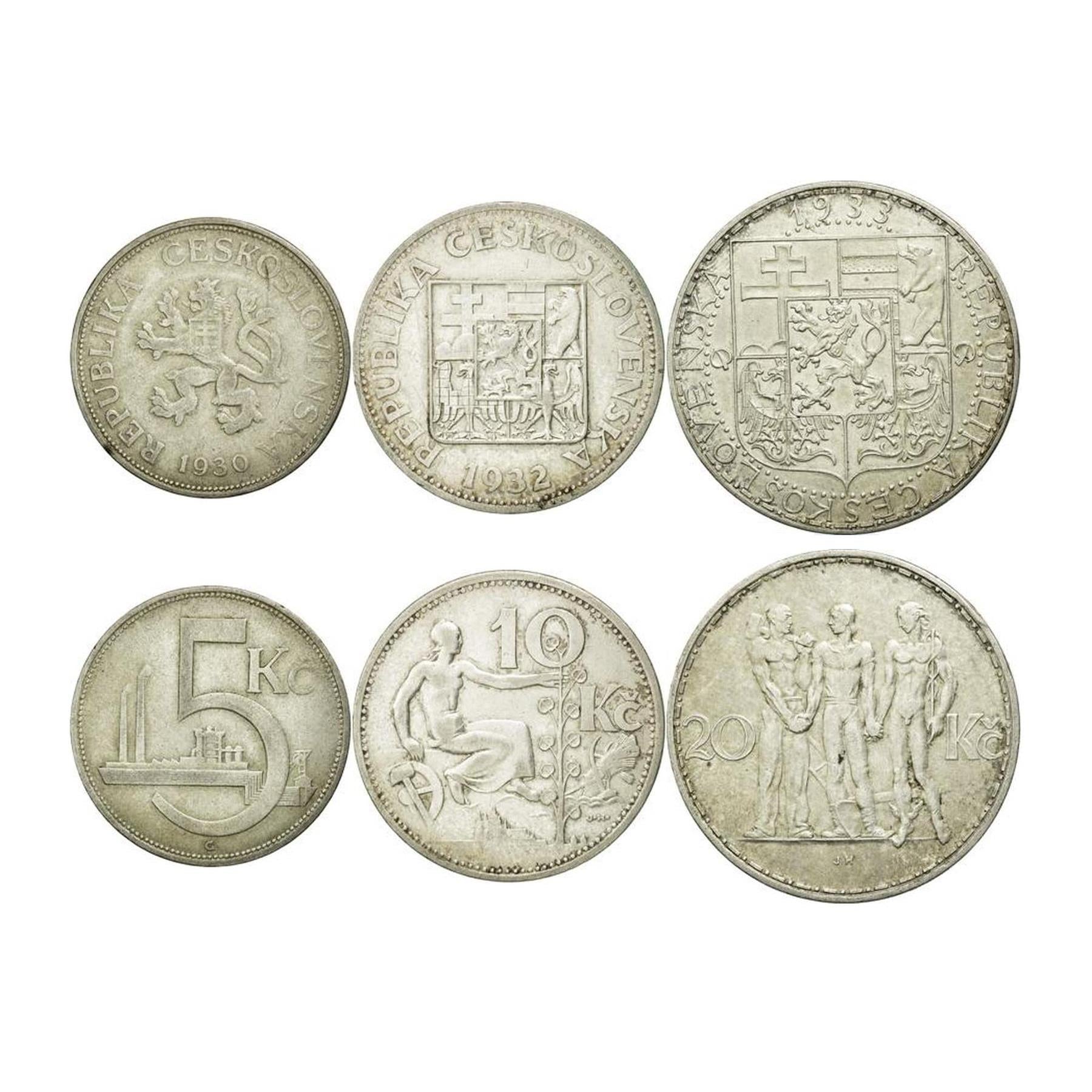 Set 3 Coins Czechoslovakia 5 10 20 Koruna 1921 - 1939