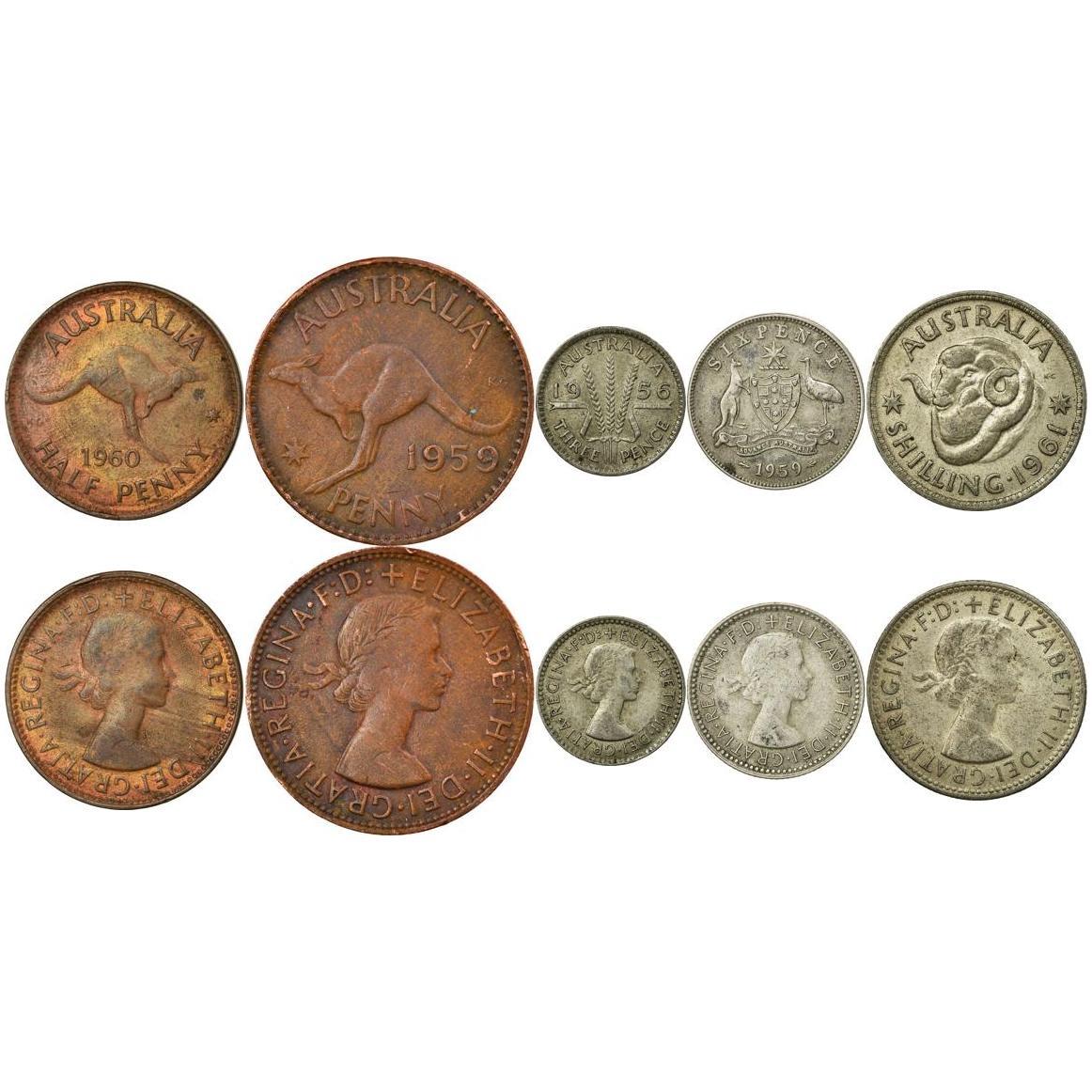 Australia | 5 Coin Set | 1/2 1 Penny 3 6 Pence 1 Shilling | 1955 - 1964