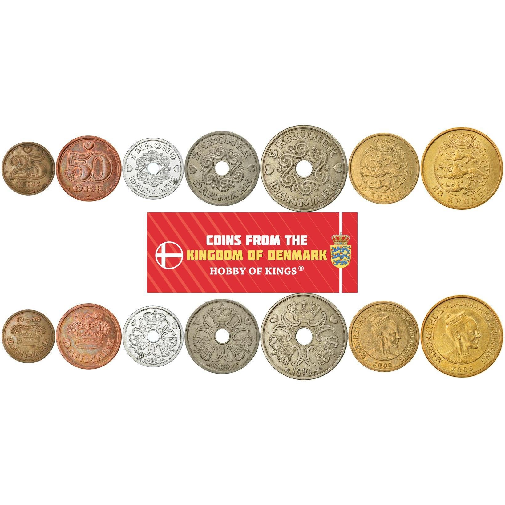 Denmark | 7 Coin Set | 25 50 Ore 1 Krone 2 5 10 20 Kroner | 1989 - 2021