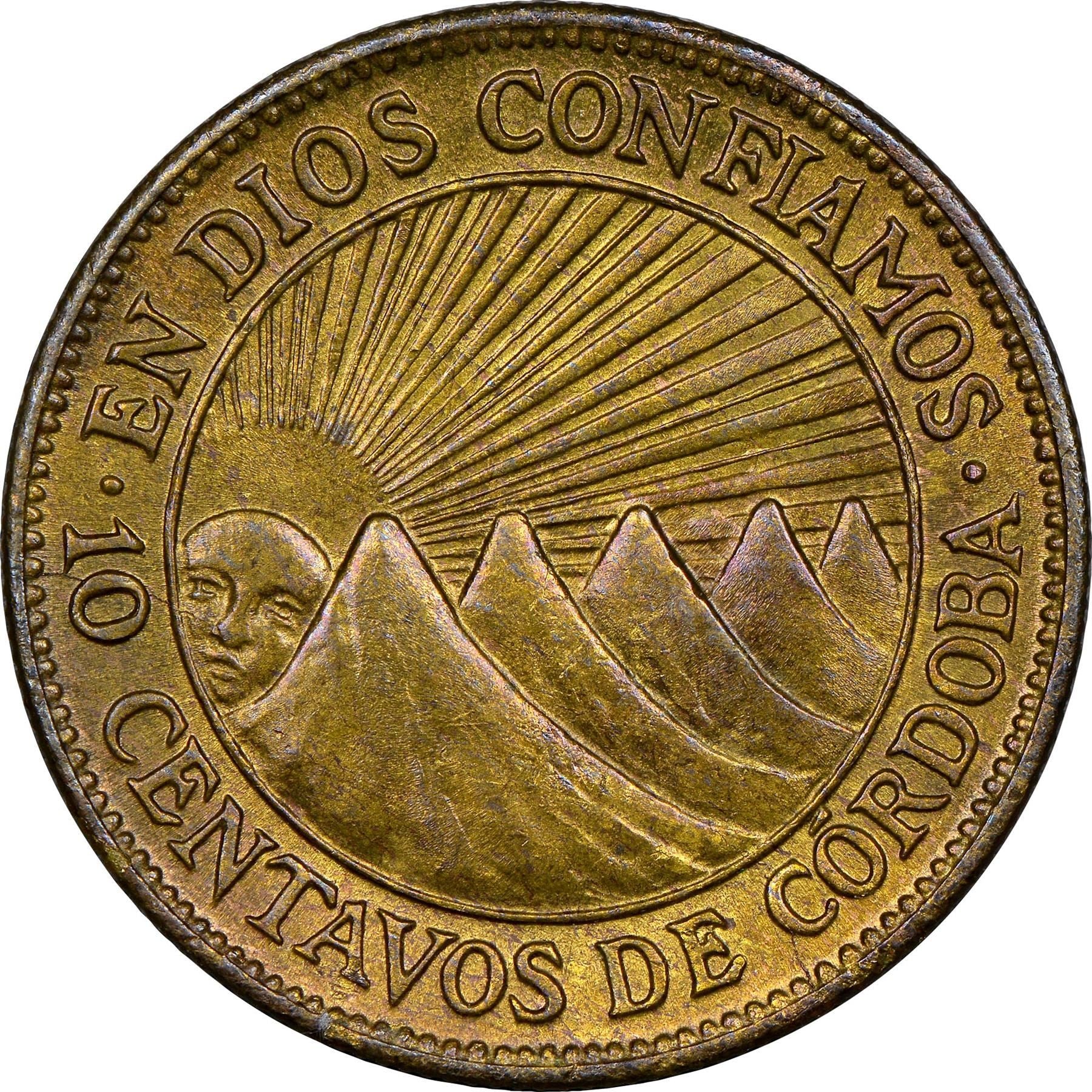 Nicaragua | 10 Centavos Coin | Explorer | Sun | Volcanos | Km:22 | 1943
