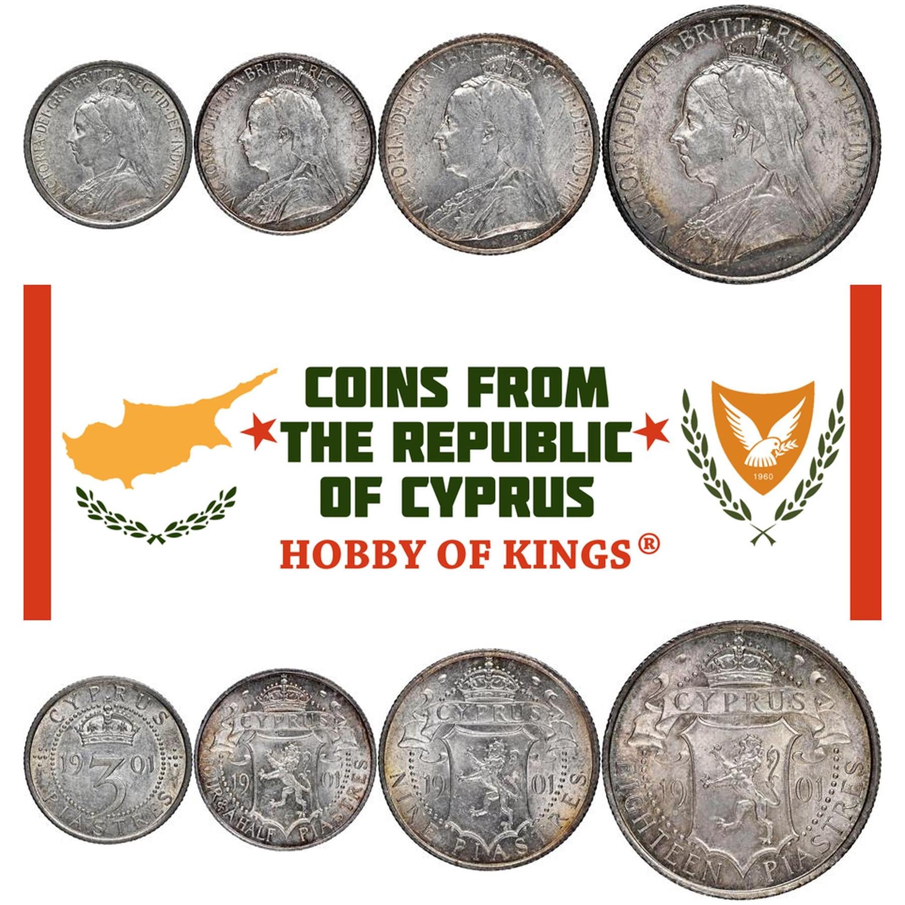 Set 7 Coins Cyprus 1/4 1/2 1 3 4 1/2 9 18 Piastres 1879 - 1901