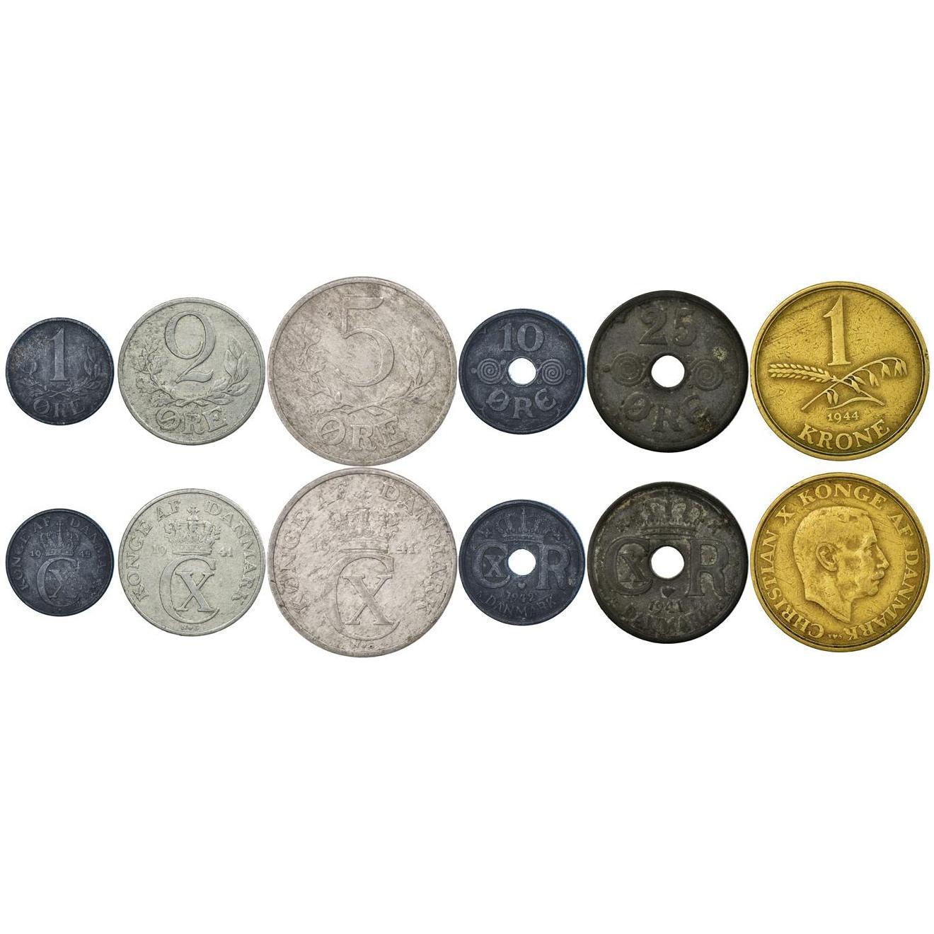 Denmark | 6 Coin Set | 1 2 5 10 25 Ore 1 Krone | 1941 - 1947