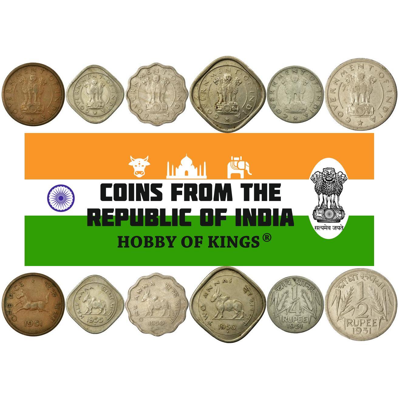 India | 6 Coin Set | 1 Pice 1/2 1 Anna 2 Annas 1/4 1/2 Rupee | 1950 - 1956