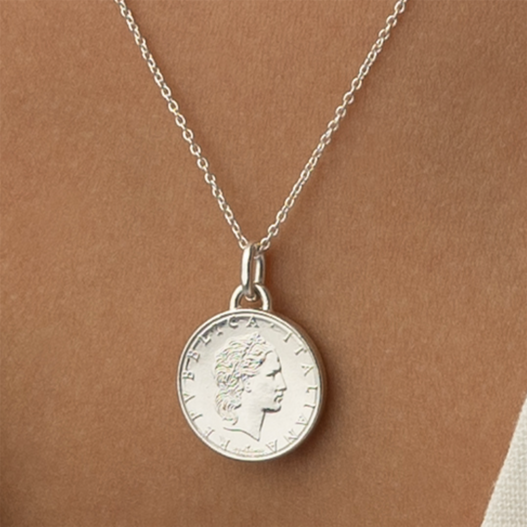 Italian Coin Necklace | Medallion Pendant Jewelry | Rhodium Plated 50 Lira | 1990 - 1995