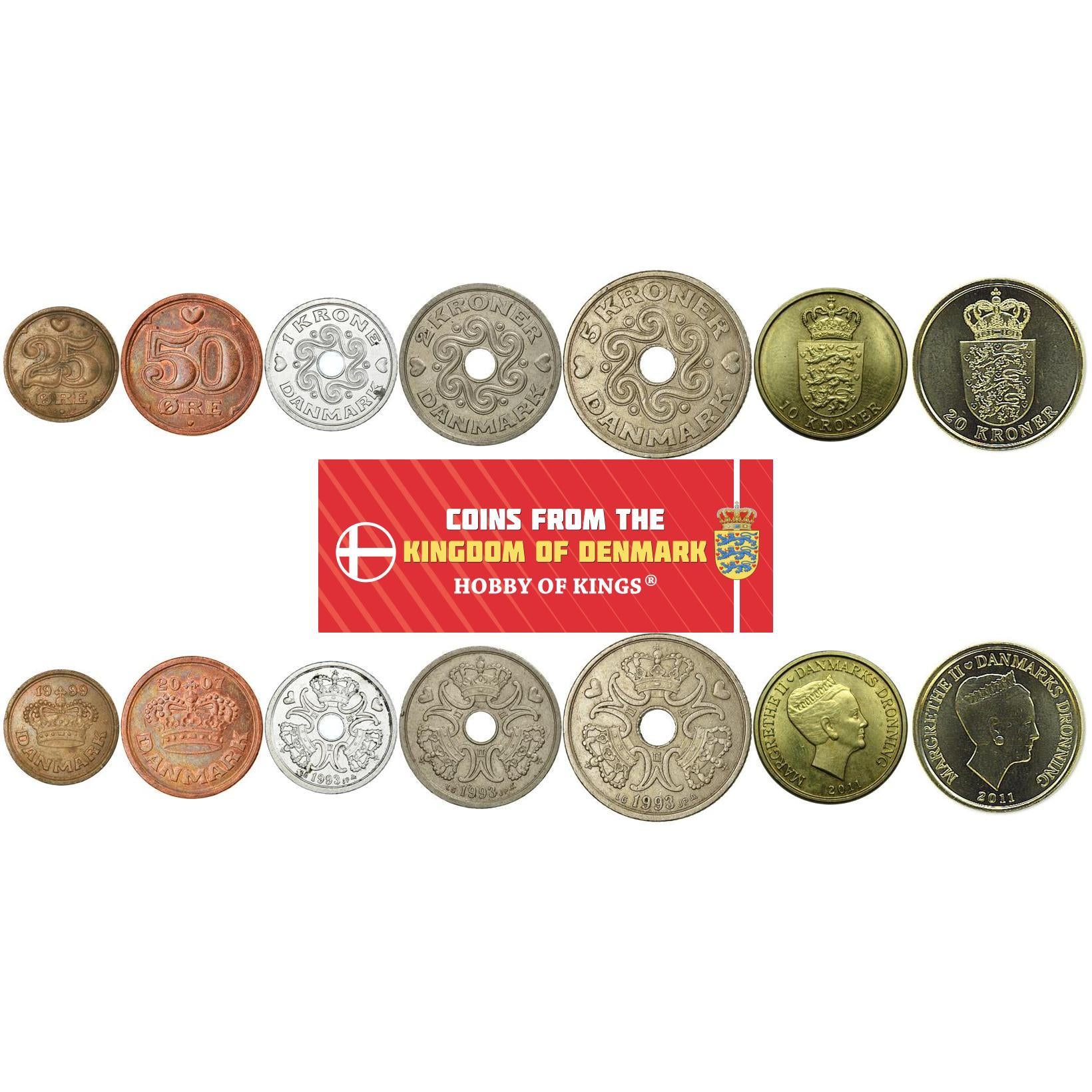 Denmark | 7 Coin Set | 25 50 Ore 1 Krone 2 5 10 20 Kroner | 1989 - 2021