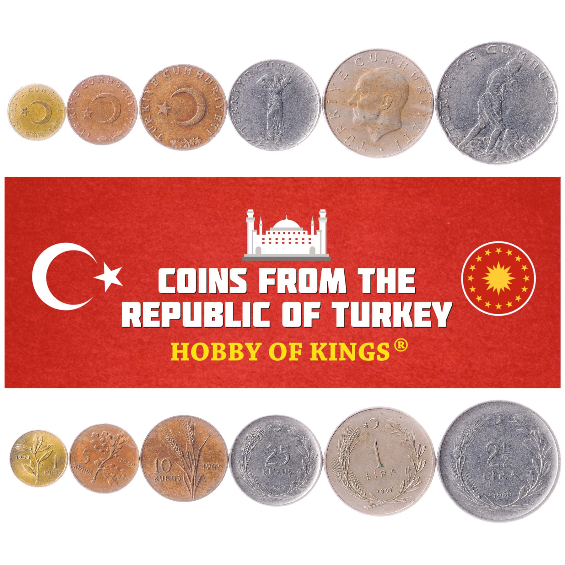 Tyrkisk 6 Mønt Sæt 1 5 10 25 Kuruş 1 2 1/2 Lira | Mustafa Kemal Atatürk | Halvmåne og Stjerne | Tyrkiet | 1958 - 1968