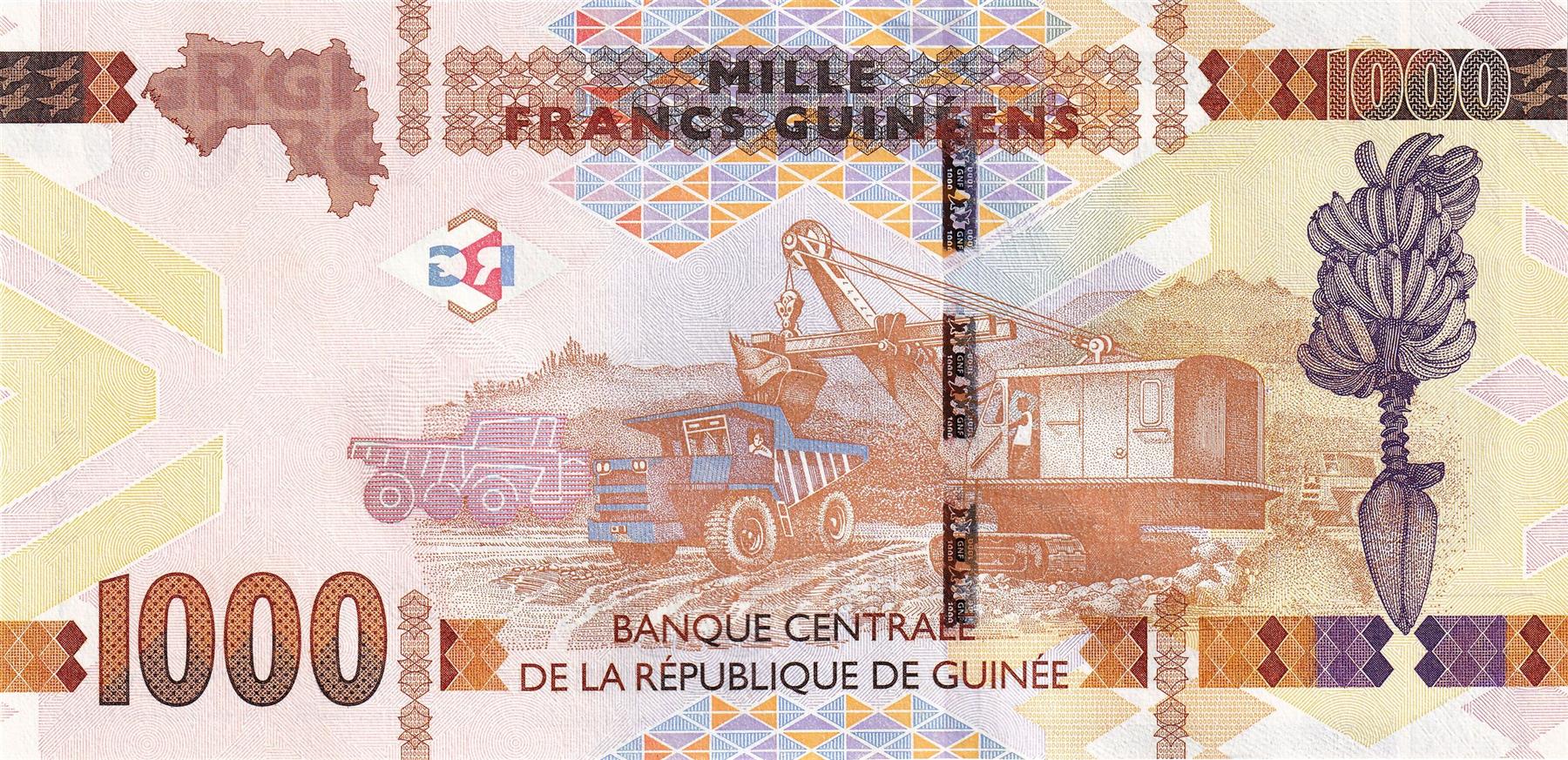 Guinea | 1000 Francs Banknote | 2015 - 2022 | Guinean Woman | Dump Truck | Excavator | Banana Bunch
