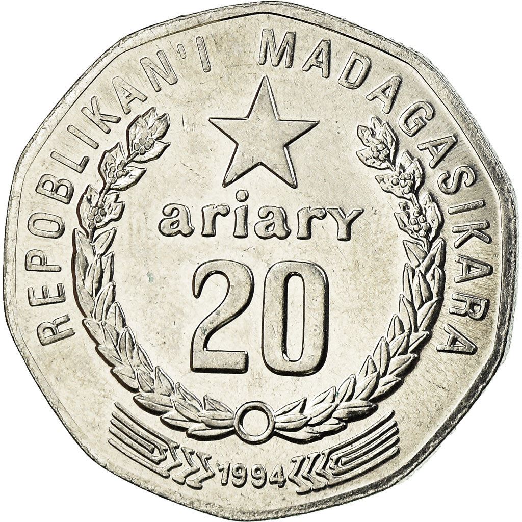 Madagaskaras | 20 Ariarių moneta | Žvaigždė | Traktorius | Ūkininkas | Km:24.1 | 1994
