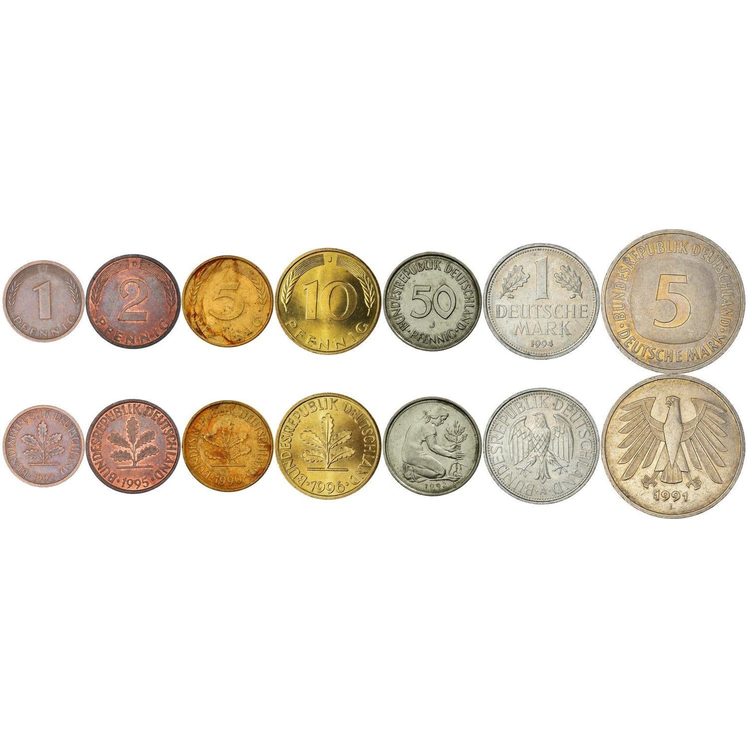 Germany | 7 Coin Set | 1 2 5 10 50 Pfennig 1 Deutsche 5 Deutsche Mark | 1990 - 2001