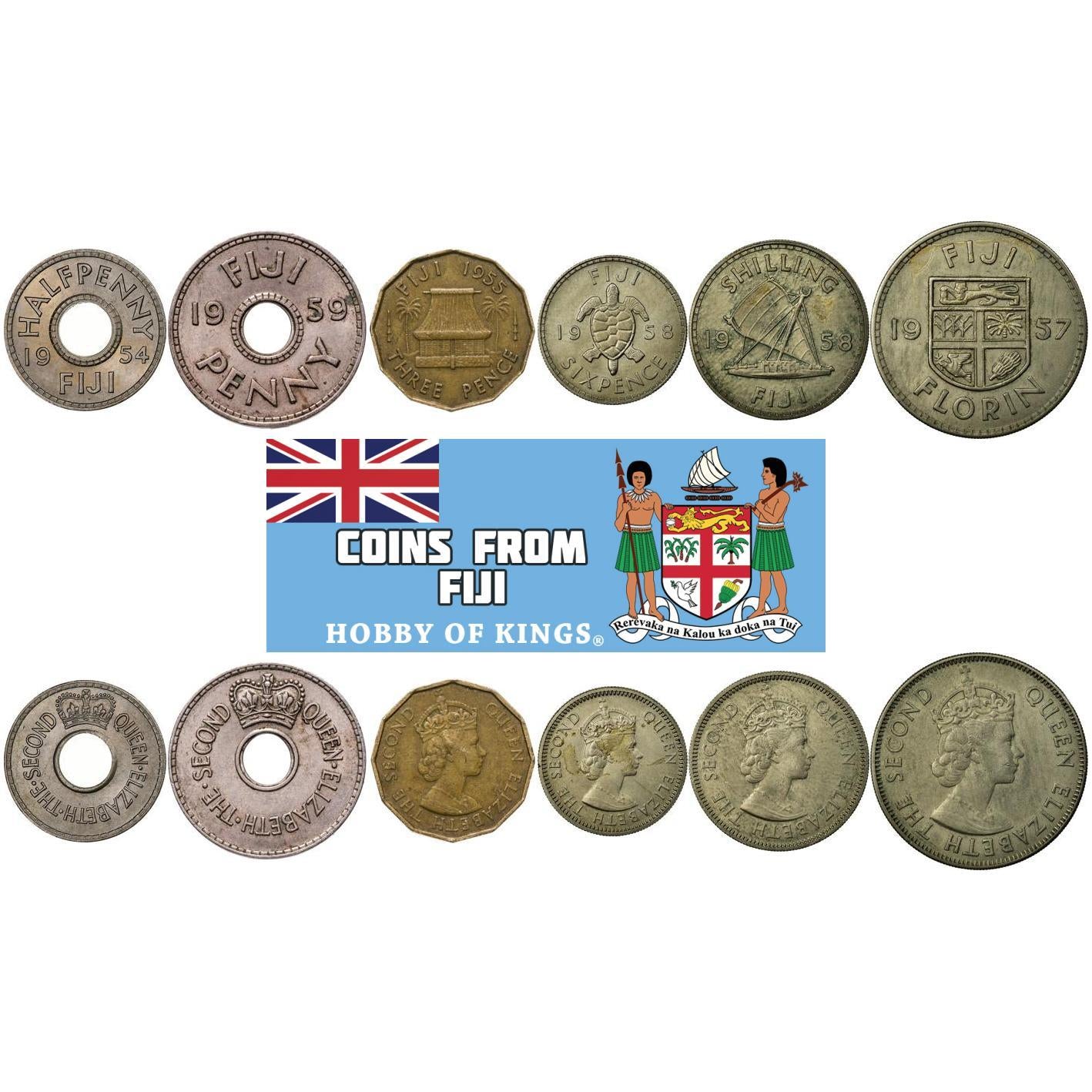Fiji | 6 Coin Set | 1/2 1 Penny 3 6 Pence 1 Shilling 1 Florin | 1953 - 1968