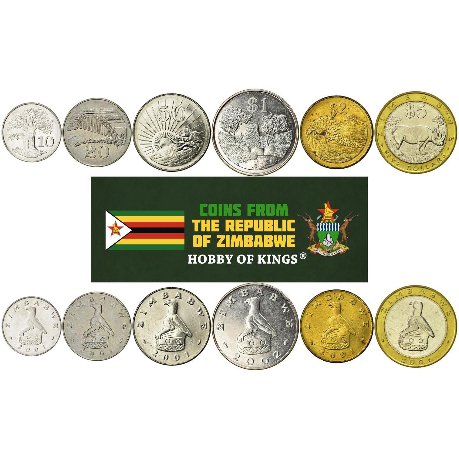 Zimbabwe | 6 Coin Set | 10 20 50 Cents 1 Dollar 2 5 Dollars | 2001 - 2003