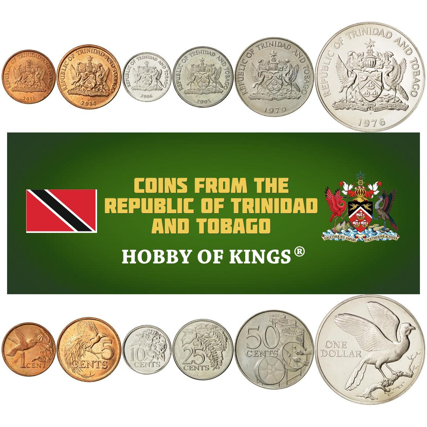 Trinidad and Tobago | 6 Coin Set | 1 Cent 5 10 25 50 Cents 1 Dollar | Hummingbird | Purple Arrowroot | Greater Bird of Paradise | Flaming Hibiscus | Chaconia | Wild Poinsettia | Kettle Drums | Oil Barrels | Rufous-vented Chachalaca | Cocrico | 1976 - 2016