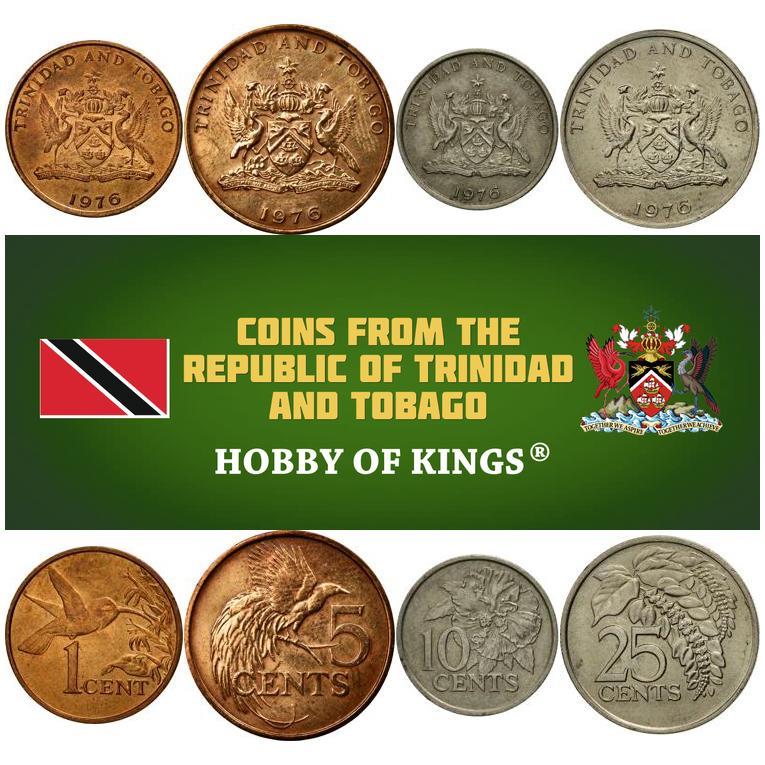 Trinidad and Tobago | 4 Coin Set | 1 Cent 5 10 25 Cents | Hummingbird | Purple Arrowroot | Greater Bird of Paradise | Flaming Hibiscus | Chaconia | Wild Poinsettia | 1974 - 1976