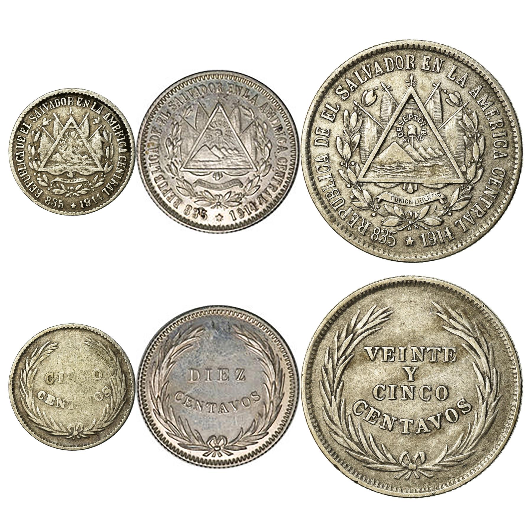Salvadoran 3 Coin Set 5 10 25 Centavos | El Salvador | 1914