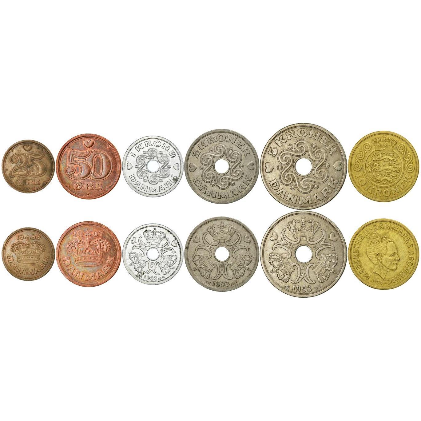 Denmark | 6 Coin Set | 25 50 Ore 1 Krone 2 5 10 Kroner | 1989 - 2021