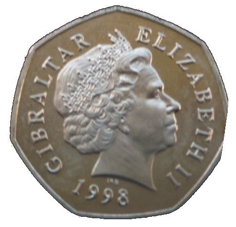 Gibraltar | 50 Pence Coin | Queen Elizabeth II | Christmas | Santa Claus | Bell Tower | KM769 | 1998