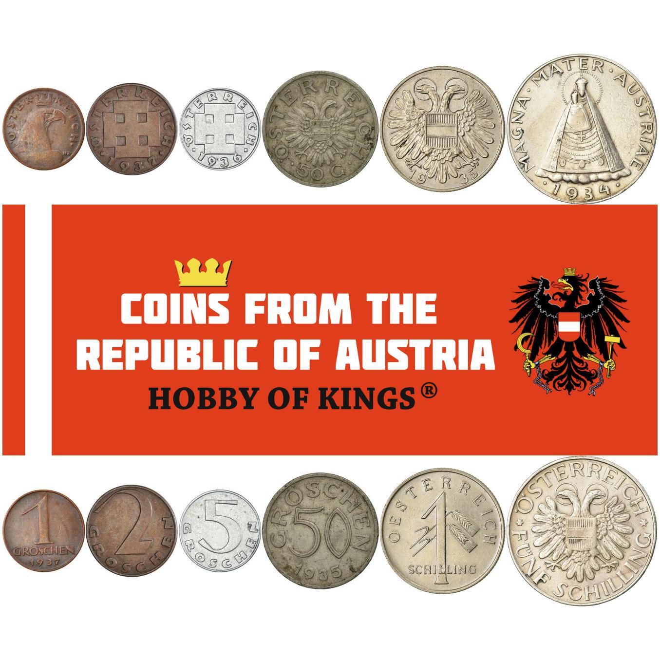 Austria | 6 Coin Set | 1 2 5 50 Groschen 1 5 Schilling | Crowned Eagle | Cross Potent | Austrian Escutcheon | Madonna of Mariazell | 1934 - 1938