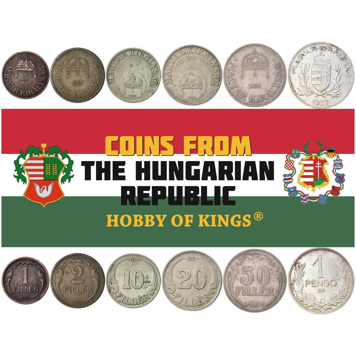Hungría | Set de 6 Monedas | 1 2 10 20 50 Filler 1 Pengo | Santa Corona de Hungría | 1926 - 1940