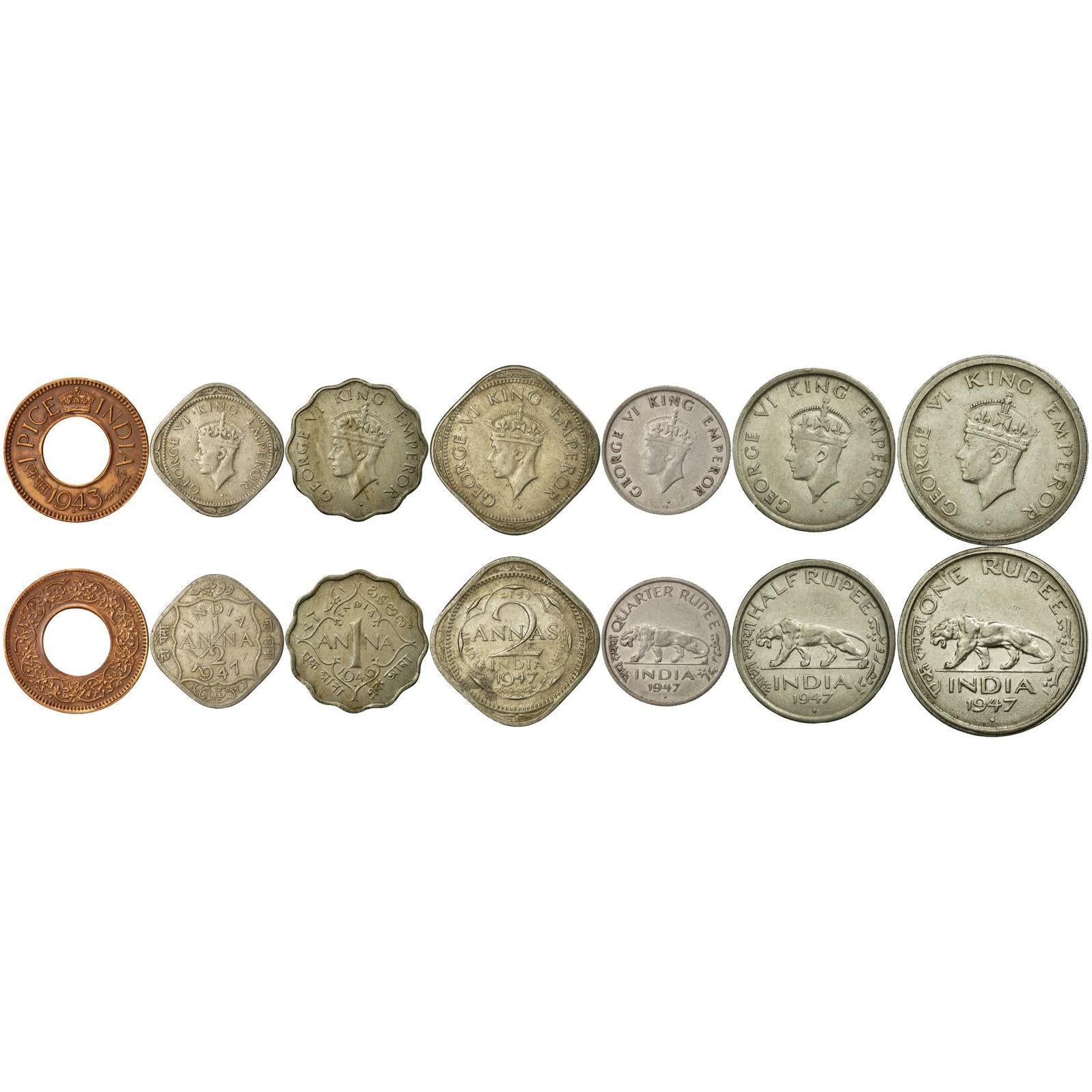 Indien - Brittisk | 7 myntset | 1 Pice 1/2 1 Anna 2 Annas 1/4 1/2 1 Rupie | 1943 - 1947