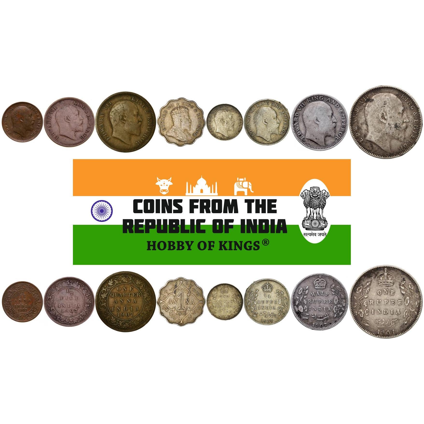 India - British | 8 Coin Set | 1/12 1/4 1 Anna 1/2 Pice 2 Annas 1/4 1/2 1 Rupee | 1903 - 1910