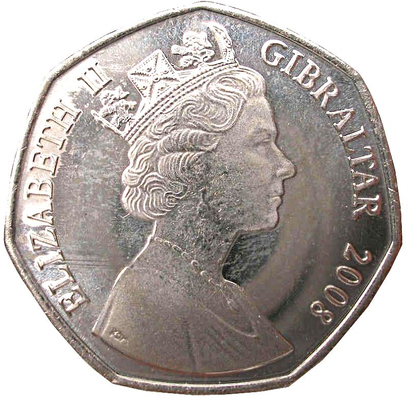 Gibraltar | 50 Pence Coin | Queen Elizabeth II | Virgin Mary | Sceptre | Baby Jesus | KM1090 | 2008