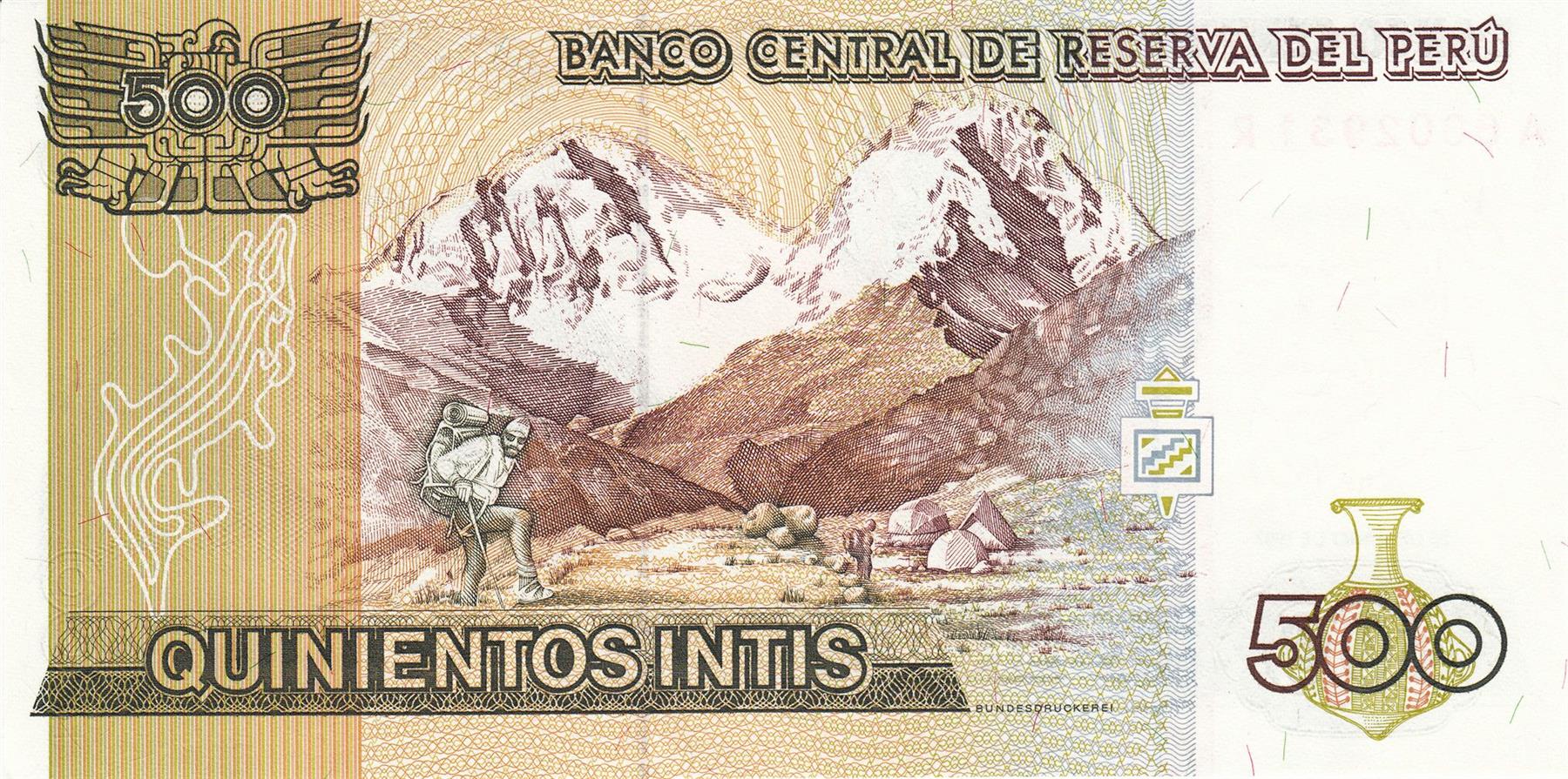 Peru | 500 Intis Banknote | 1985 - 1987 | Jose Gabriel Condorcanqui | Tupac Amaru II | Huascarán Mountain | Climber