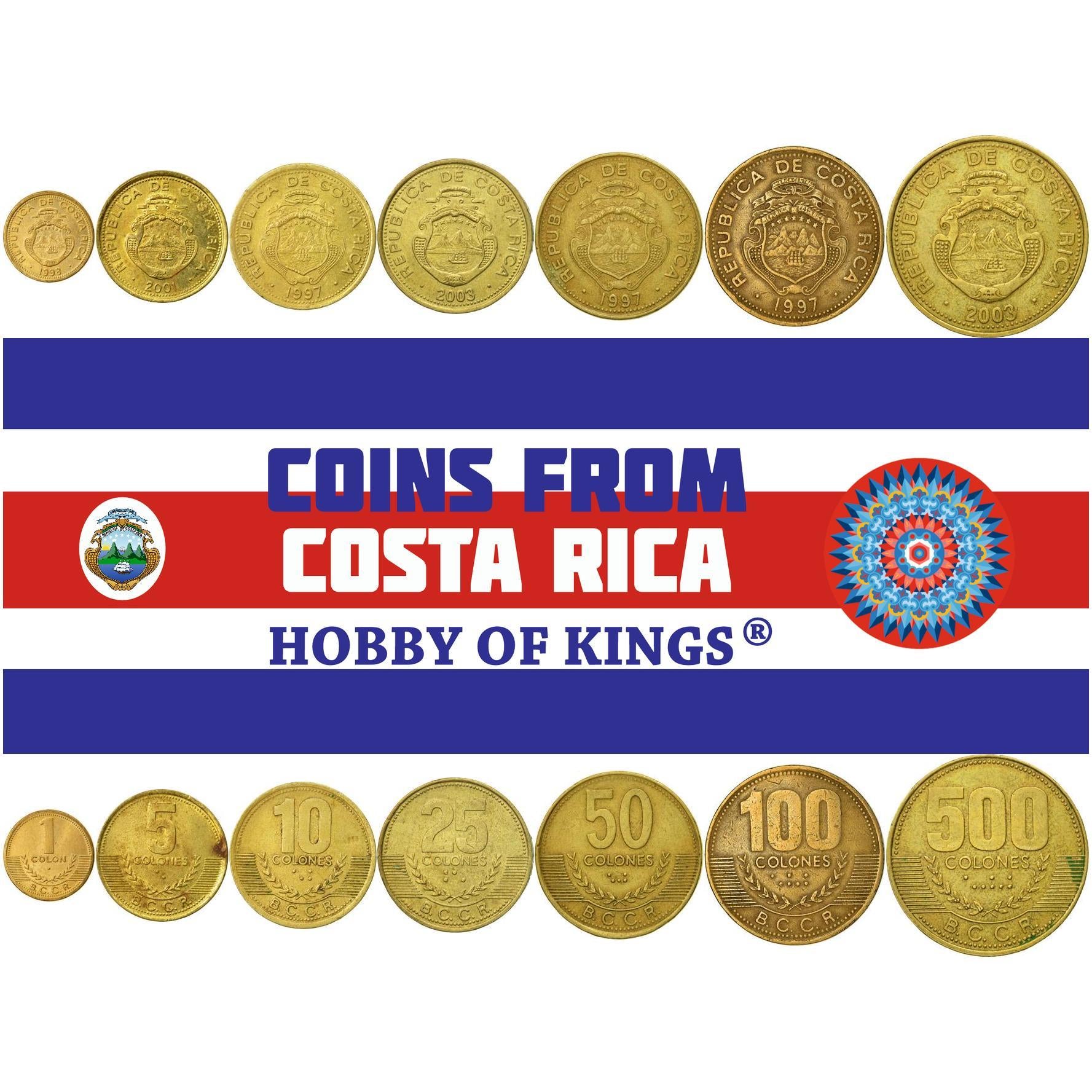 Costa Rica | 7 Coin Set | 1 Colon 5 10 25 50 100 500 Colones | 1997 - 2005