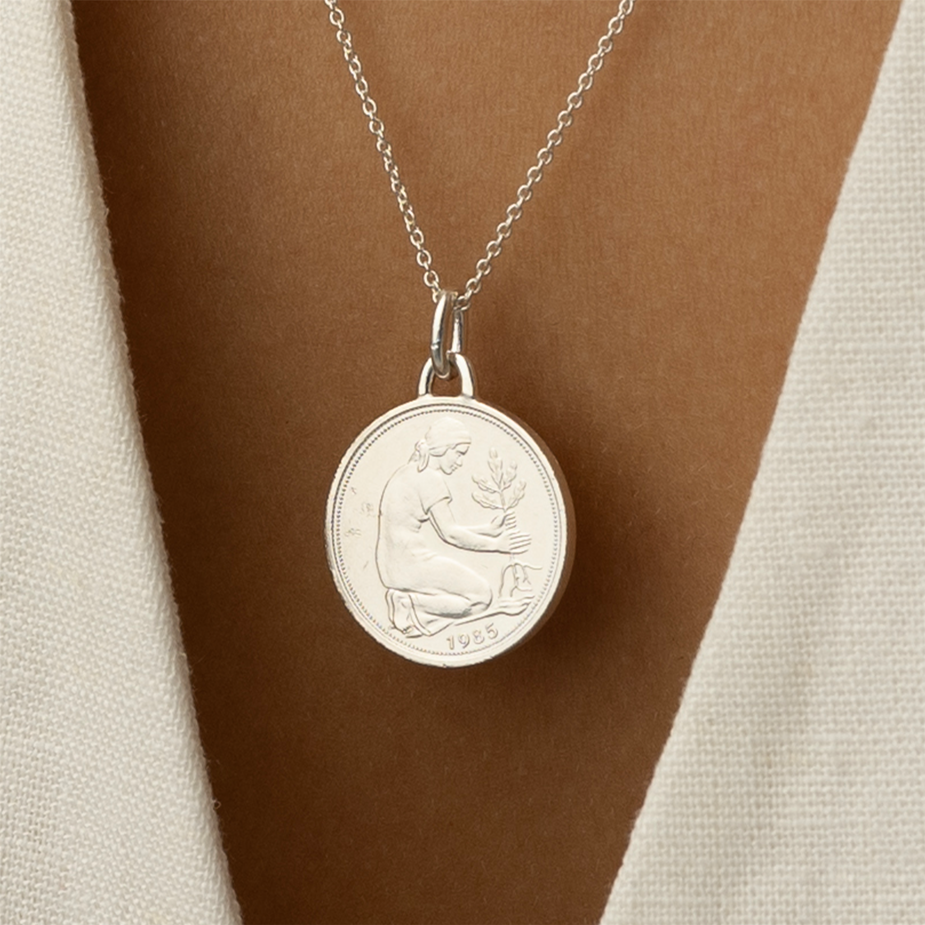 German Coin Necklace | Medallion Pendant Jewelry | Rhodium Plated 50 Pfennigs | 1950 - 2001