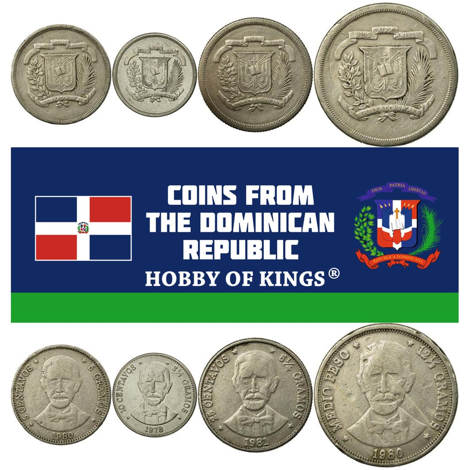 Dominican Republic | 4 Coin Set | 5 10 25 Centavos 1/2 Peso | Juan Pablo Duarte | 1978 - 1981