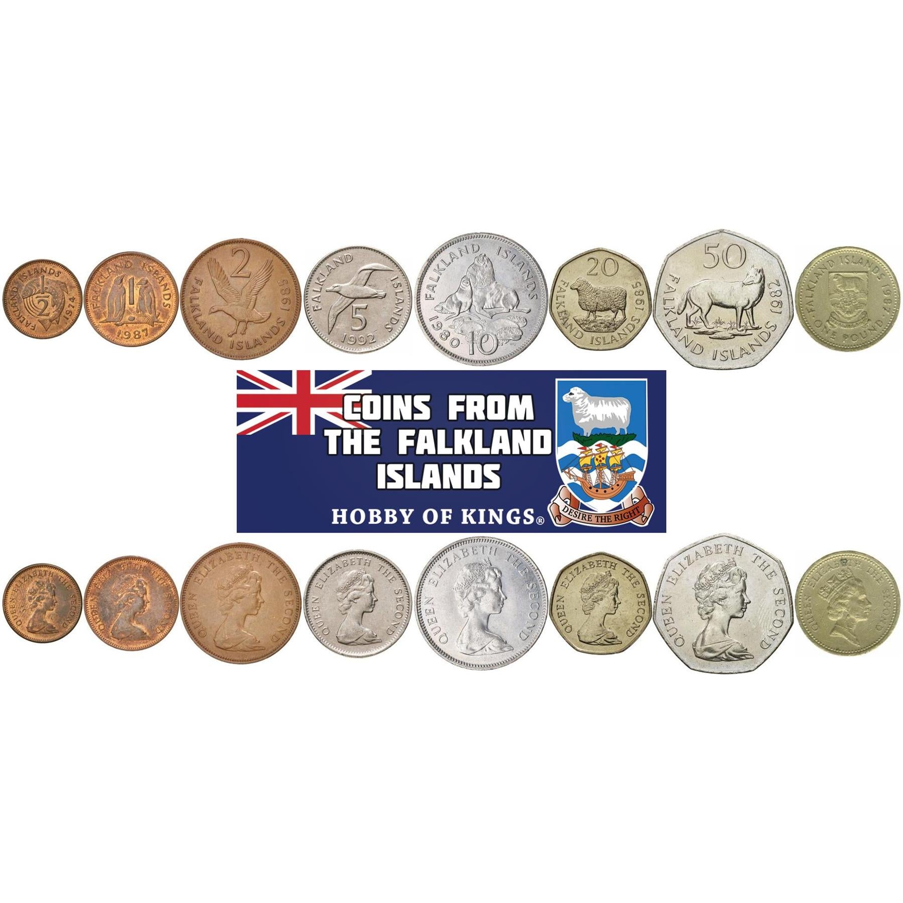 Falklandsöarna | Set med 8 mynt | 1/2 1 Penny 2 5 10 20 50 Pence 1 Pound | 1974 - 1992