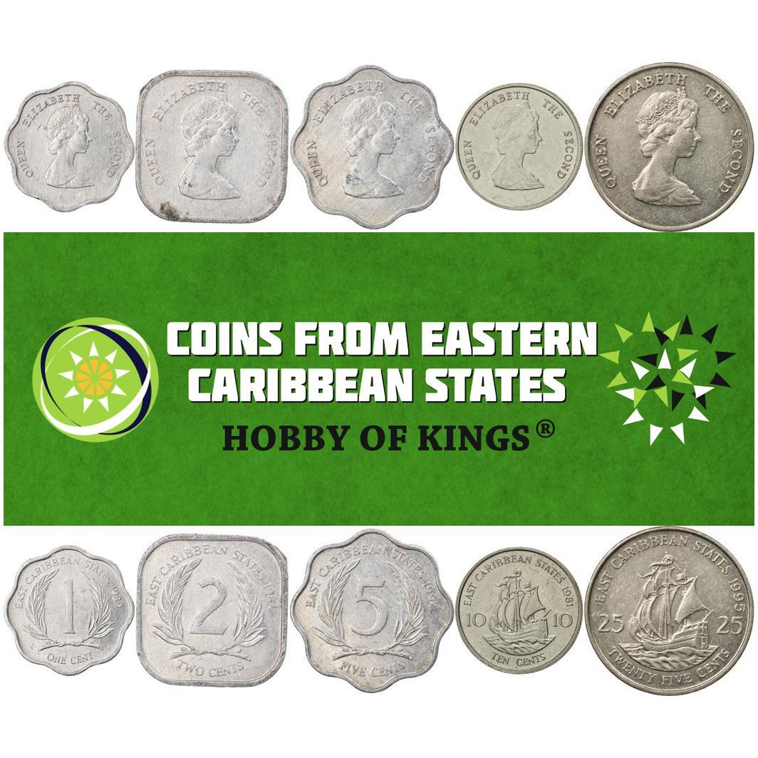 Eastern Caribbean States | 5 Coin Set | 1 Cent 2 5 10 25 Cents | Palm Tree Fronds | Elizabeth II | Golden Hind | 1981 - 2001