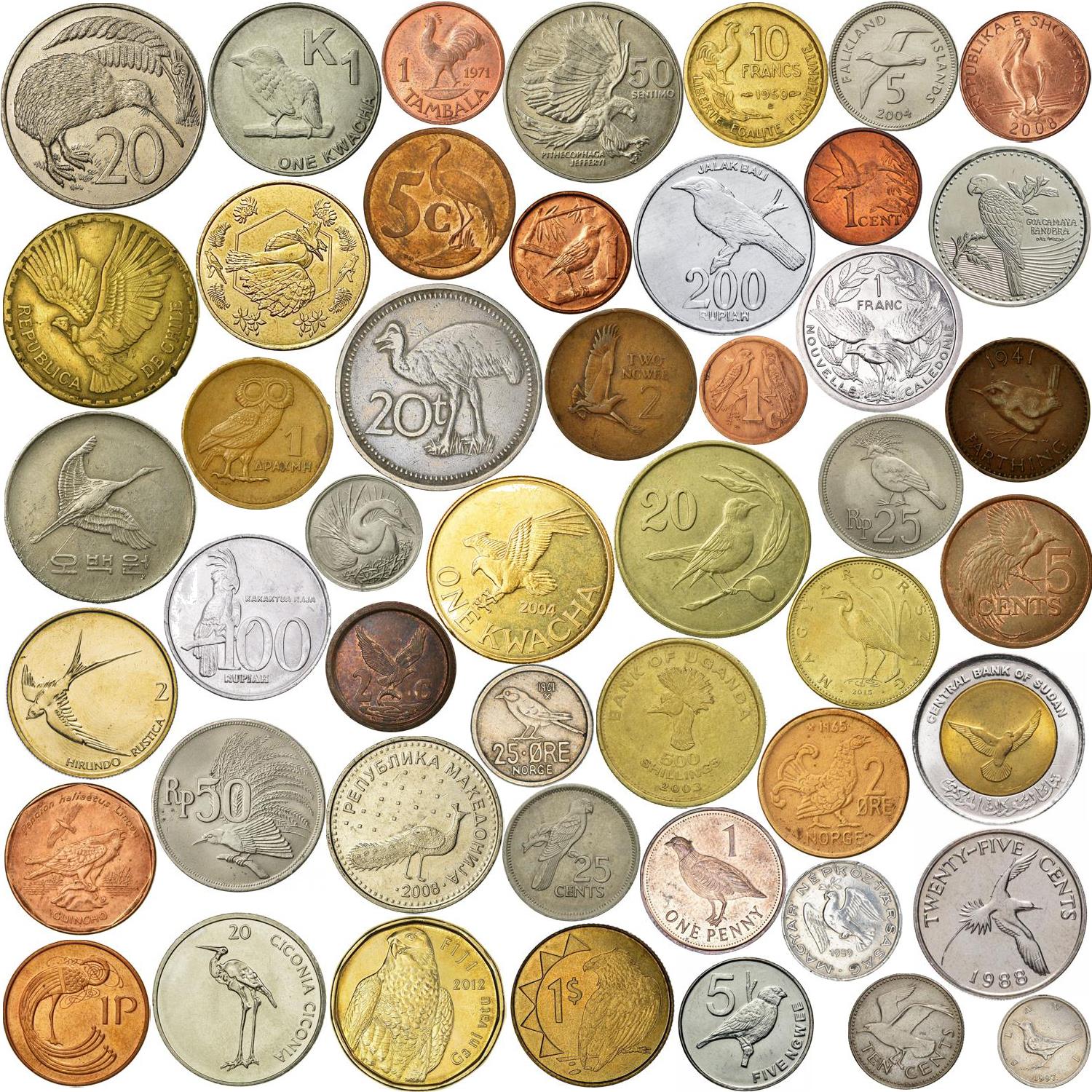 Coins With Feathered Birds | Many Species | Parrots Hawks Roosters Eagles Warblers