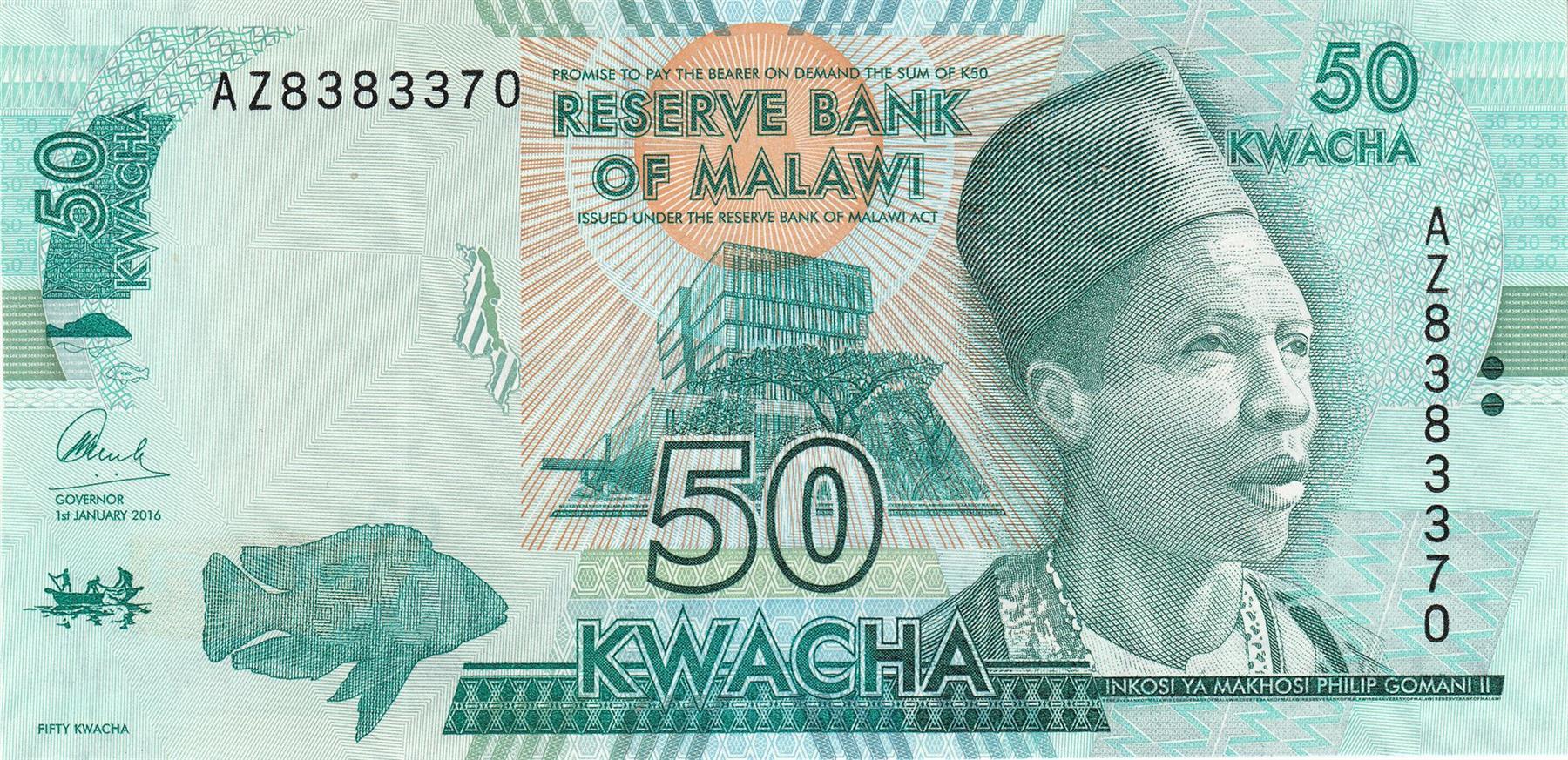 Malawi | 50 Kwacha Banknote | 2014 - 2020 | Fishermen in Boat | Reserve Bank Building | Inkosi Ya Mokhosi Philip Gomani II | Elephants | Safari