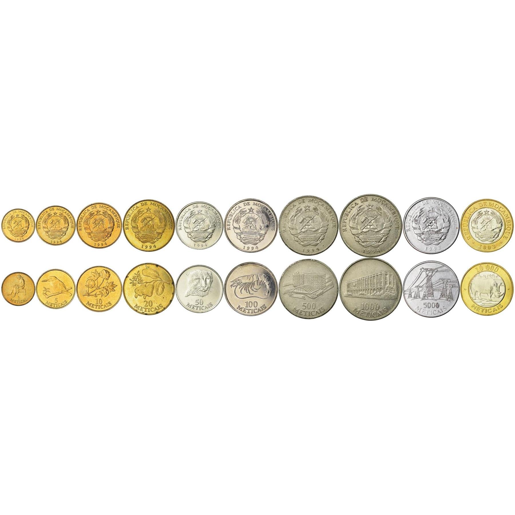 Mozambique | 10 Coin Set | 1 Metical 5 10 20 50 100 500 1000 5000 10 000 Meticais | 1994 - 2003