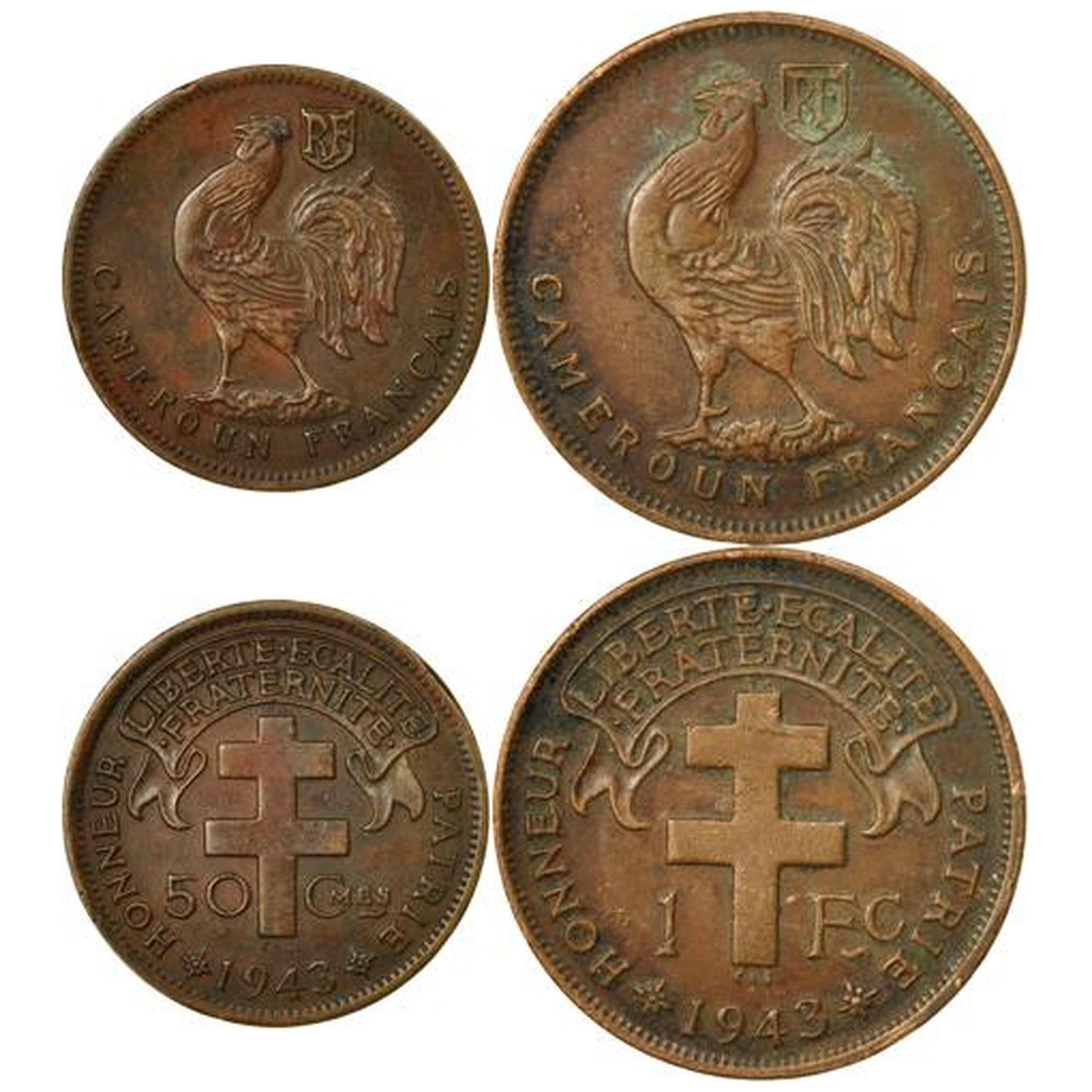 French Cameroon | 2 Coin Set | 50 Centimes 1 Franc | 1943